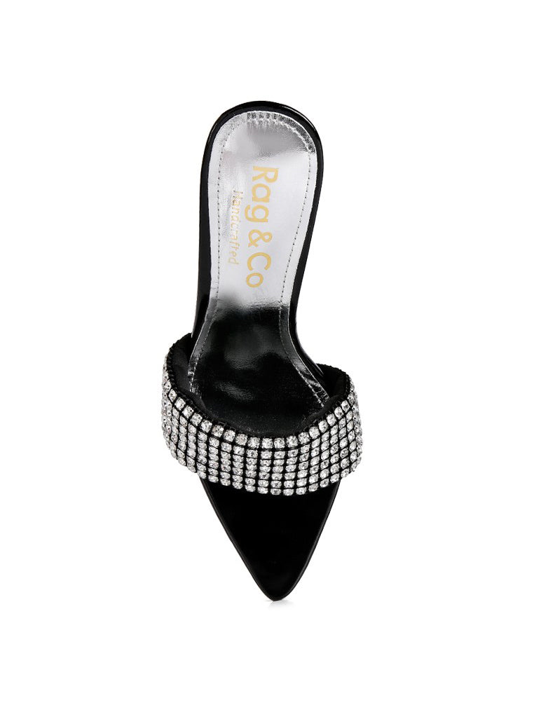ADINA Diamante Strap Pointed Heel Sandals in Black