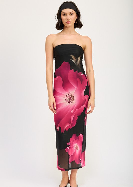 GWEN FLORAL TUBE MIDI DRESS